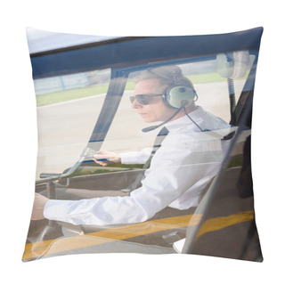 Personality  Mature Pilot In Sunglasses And Headphones With Microphone Sitting In Helicopter Cabin Pillow Covers
