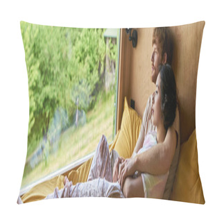 Personality  Multicultural Couple Cuddling And Enjoying View From Window With Green Trees, Country House, Banner Pillow Covers