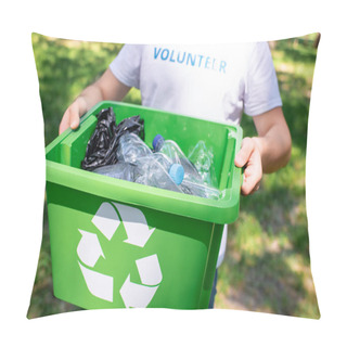 Personality  Cropped View Of Volunteer Holding Recycling Box With Plastic Trash Pillow Covers