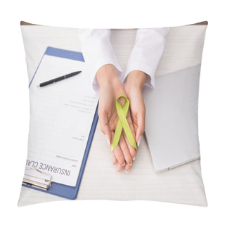 Personality  Cropped View Of Psychologist Holding Green Awareness Ribbon Near Insurance Claim Form And Laptop, Mental Health Concept Pillow Covers
