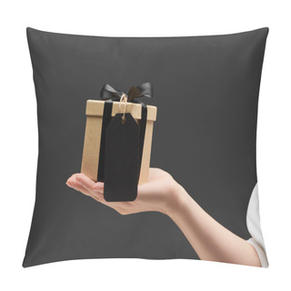 Personality  Cropped View Of Woman Holding Gift Box With Black Blank Label In Hand Isolated On Black Pillow Covers