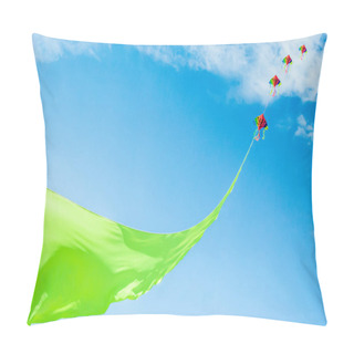 Personality  Rainbow Colored Kites Flying High On The End Of A Vibrant Green Ribbon Against A Summer Blue Sky And Light Clouds Pillow Covers