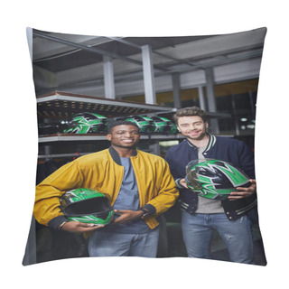 Personality  Two Multicultural Friends Holding Helmets And Looking At Camera Inside Of Karting Track, Go-cart Pillow Covers