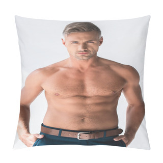 Personality  Serious Shirtless Macho Looking At Camera Isolated On White Pillow Covers