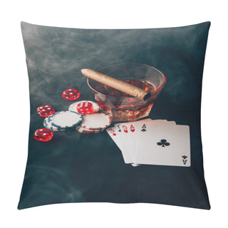 Personality  Gambling Concept With Whiskey On Casino Table With Cards And Dice Pillow Covers