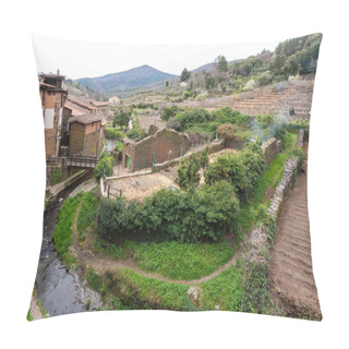Personality  ROBLEDILLO DE GATA, SPAIN - Mar 27, 2021: View Of The Town Of Robledillo De Gata With A Bridge Over The Arrago River Next To The Vegetable And Fruit Orchards Pillow Covers