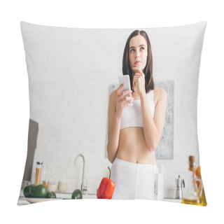 Personality  Pensive Sportswoman Using Smartphone Near Fresh Vegetables, Fruits And Measuring Tape On Table Pillow Covers