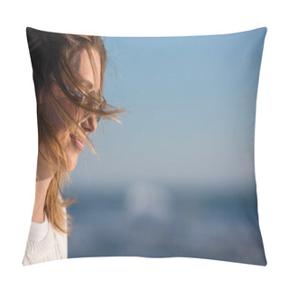 Personality  Young Woman On The Beach. The Girl Enjoying The Warm Autumn Day. Portrait Of Beautiful Girl Near The Water Pillow Covers