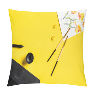 Personality  Top View Of Paintbrushes Near Drawn Flowers On Painting, Paper Cut Elements, Drawing Tablet And Stylus On Yellow  Pillow Covers