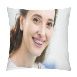 Personality  Close Up Of Happy Woman With Braces On Teeth Smiling In Dental Clinic Pillow Covers