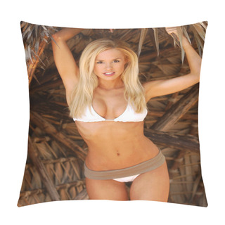 Personality  White Sting Bikini - Tan Brown Belt - Busty Curvy Blond Bombshell Pillow Covers