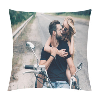 Personality  Young Couple Of Bikers Hugging And Looking At Each Other On Black Motorcycle On Road Near Green Forest Pillow Covers