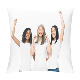 Personality  Smiling Multicultural Women With Hands Above Head Celebrating Isolated On White  Pillow Covers