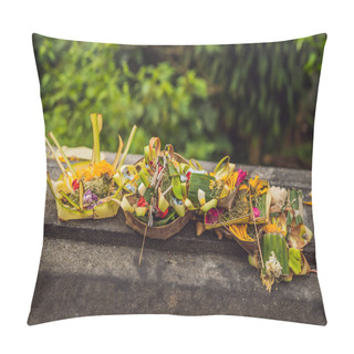 Personality  Balinese Hindu Offerings Called Canang On Stone Table, Bali, Indonesia Pillow Covers