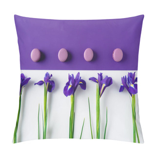 Personality  Top View Of Iris Flowers With Macaron Cookies On Purple And White Surface Pillow Covers