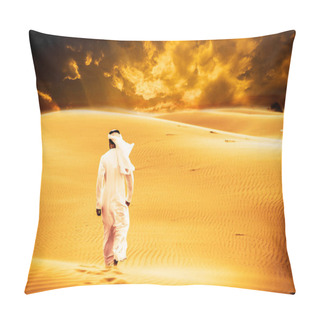 Personality  Arabic Man With Traditional Emirates Clothes Walking In The Dese Pillow Covers