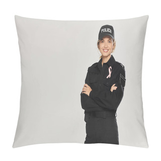Personality  Positive Policewoman With Pink Ribbon Crossing Arms Isolated On Grey, Breast Cancer Concept Pillow Covers
