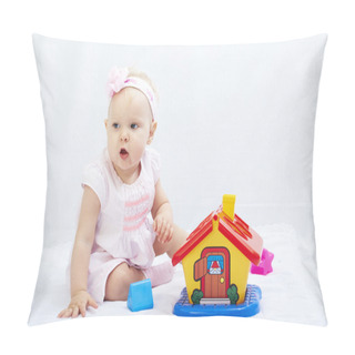 Personality  Baby Is Playing With Toys Over White Background Pillow Covers