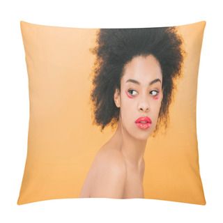 Personality  Attractive African American Woman With Creative Red Makeup Isolated On Yellow Pillow Covers