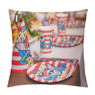 Personality  Izmail, Ukraine - 2017. Pirat Party. Birthday Cone, Paper Tableware, Plates And Cups With Pirate Emblem, Skull And Sword Illustration. Pillow Covers