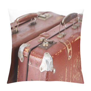 Personality  Selective Focus Of Metal Rusty Lock On Vintage Brown Suitcase Isolated On White Pillow Covers