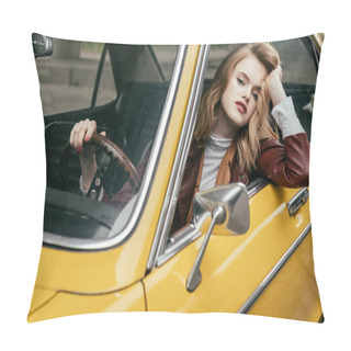 Personality  Attractive Young Woman Looking At Camera And Holding Steering Wheel While Sitting In Retro Car  Pillow Covers