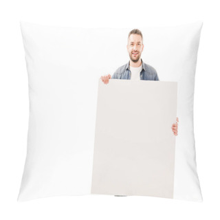 Personality  Front View Of Smiling Bearded Man Holding Blank Placard Isolated On White Pillow Covers