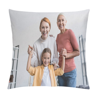 Personality  Joyful Lesbian Couple Holding Hands Of Adopted Daughter Smiling At Camera At Home Pillow Covers