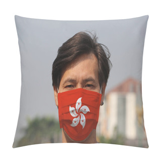 Personality  Hong Kong Flag On Hygienic Mask. Masked Asian Man Prevent Germs. Concept Of Tiny Particle Protection Or Virus Corona Or Covid-19. Pillow Covers