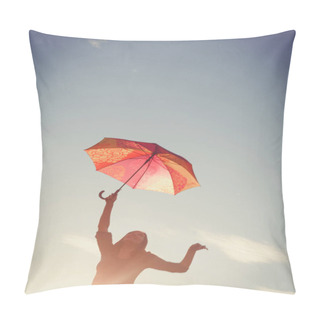 Personality  The Girl Dances With Umbrellas In Her Hands Against The Clear Sky, The Picture Is Tinted In Retro Colors Pillow Covers
