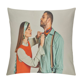 Personality  Charming Woman Tying Bright Neckerchief On Stylish Man In Suspenders On Grey, Vintage Fashion Pillow Covers