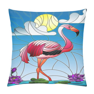 Personality  Illustration In Stained Glass Style With Flamingo , Lotus Flowers And Reeds On A Pond In The Sun, Sky And Clouds Pillow Covers