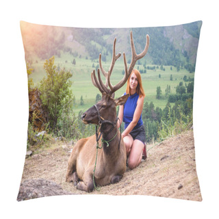 Personality  A Young Red-haired Girl Dressed In Sports Clothes Stroking The Horns And Skin Of A Deer Maral Who Lies On A Mountain Tied With A Bridle In The Mountains Of The Altai Pillow Covers