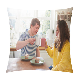 Personality  Young Downs Syndrome Couple Enjoying Tea And Cake In Kitchen At Home Pillow Covers