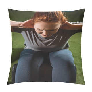 Personality  Overhead View Of Purposeful Overweight Girl Doing Abs Exercise On Fitness Machine  Pillow Covers