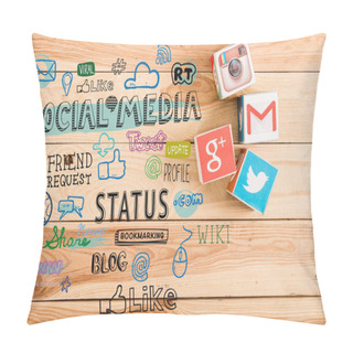 Personality  Top View Of Cubes With Google Plus, Gmail, Instagram And Twitter Logo On Wooden Table With Social Media Illustration Pillow Covers