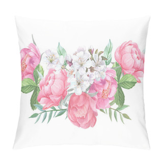 Personality  Peonies Blooming And Leaves Isolated On White Background. Pillow Covers