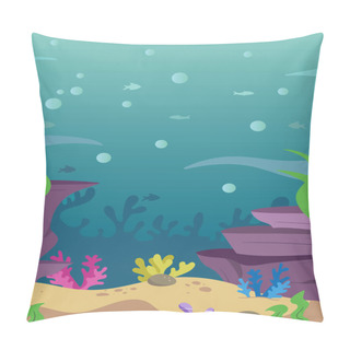 Personality  Underwater Aquatic Scene With Cute Adorable Fishes Water Corals Plants Rocks Sand. Ocean Background Scene. Underwater Elements Set. Kids Book Fishes Illustration Hand Drawn. Fishes Undersea. Aquarium. Pillow Covers