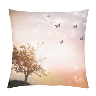 Personality  Tree Silhouette With Butterflies In Twilight Pillow Covers