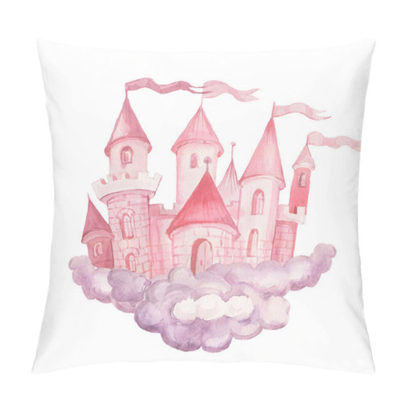 Personality  Fairy princess castle hand drawn watercolor illustration.  set print textile background clipart for little girls for the holiday congratulations. Clouds pink color cute picture pillow covers