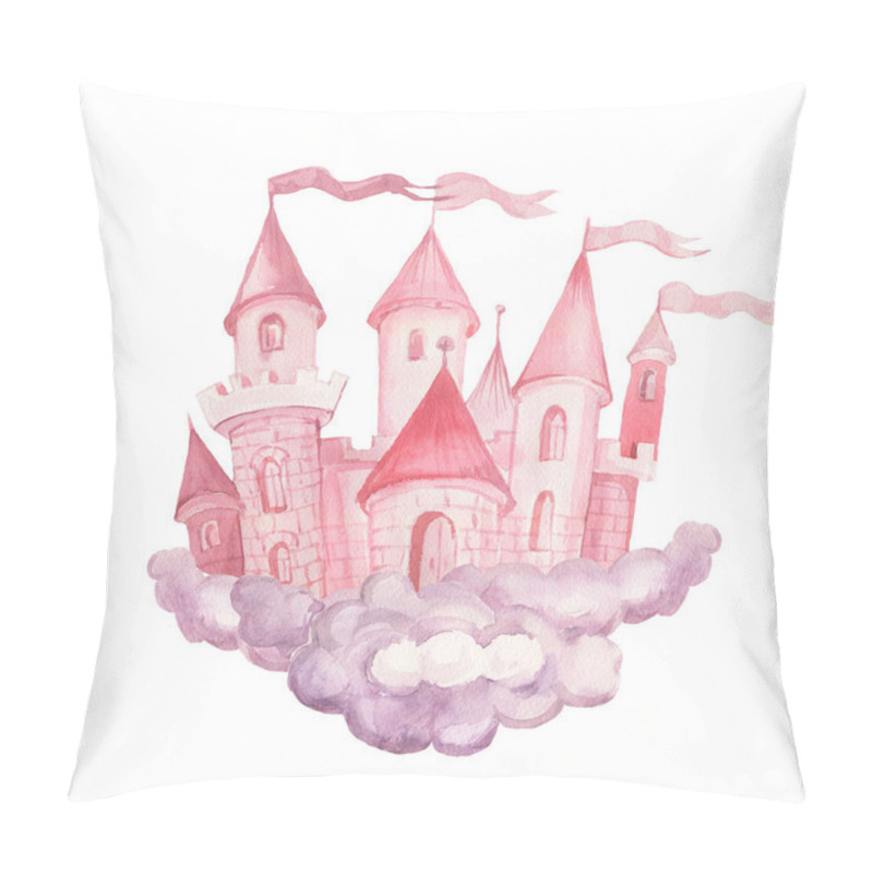 Personality  Fairy Princess Castle Hand Drawn Watercolor Illustration.  Set Print Textile Background Clipart For Little Girls For The Holiday Congratulations. Clouds Pink Color Cute Picture Pillow Covers