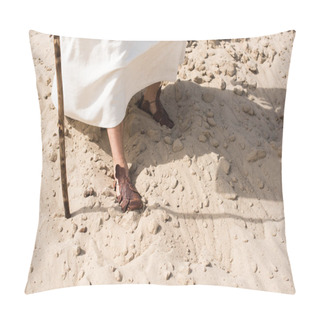 Personality  Cropped Image Of Jesus In Robe And Sandals Walking On Sand With Wooden Staff In Desert Pillow Covers