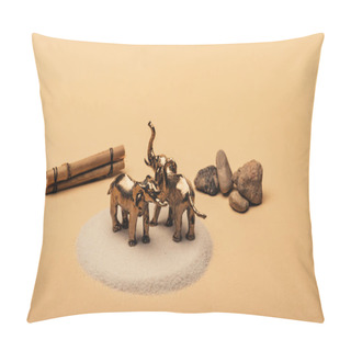 Personality  Toy Elephants On Sand With Stones And Wooden Sticks On Yellow Background, Animal Welfare Concept Pillow Covers