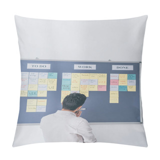 Personality  Back View Of Scrum Master Standing Near Board With Sticky Notes And Letters Pillow Covers