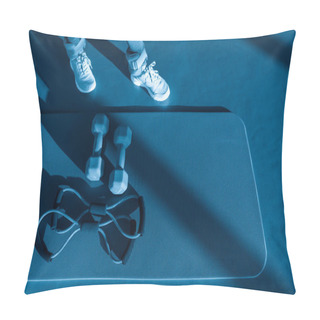 Personality  Woman Legs Near Mat With Expander And Two Dumbbells Pillow Covers