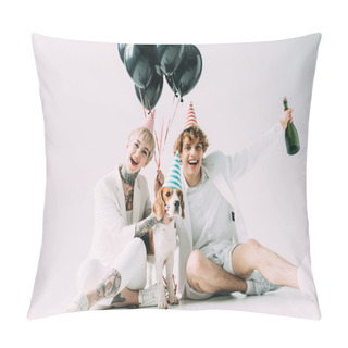 Personality  Cheerful Couple Sitting Near Beagle Dog With Balloons And Bottle Of Champagne On Grey Background Pillow Covers