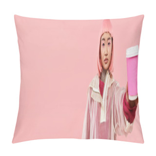 Personality  Banner Of Cute Asian Woman In Her 20s With Pink Hair Holding Cup Of Coffee On Vibrant Background Pillow Covers