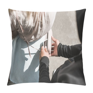 Personality  Cropped View Of Robbery Pickpocketing Smartphone From Womans Bag Pillow Covers