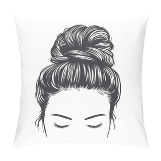 Personality  Black And White Vector Illustration Of Woman Messy Bun Hairstyle, Isolated On White Background Pillow Covers