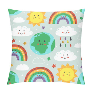 Personality  Seamless Pattern With Cute Earth,cloud, Rainbow And Sun - Vector Illustration, Eps     Pillow Covers
